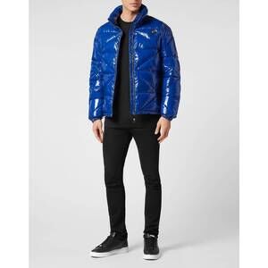 NEW PHILIPP PLEIN quilted hexagon down jacket in blue